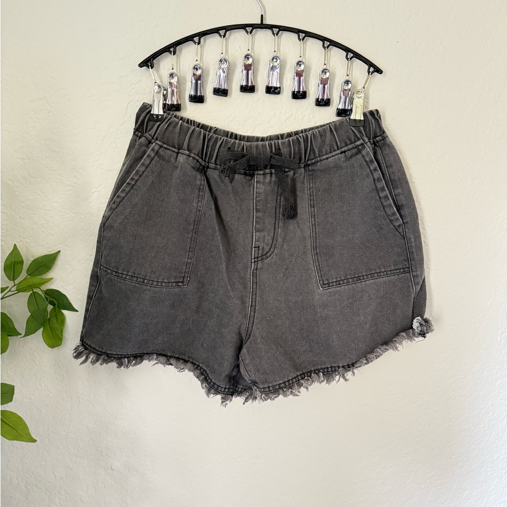 Washed Black Drawstring Shorts with Raw Hem - Size XL